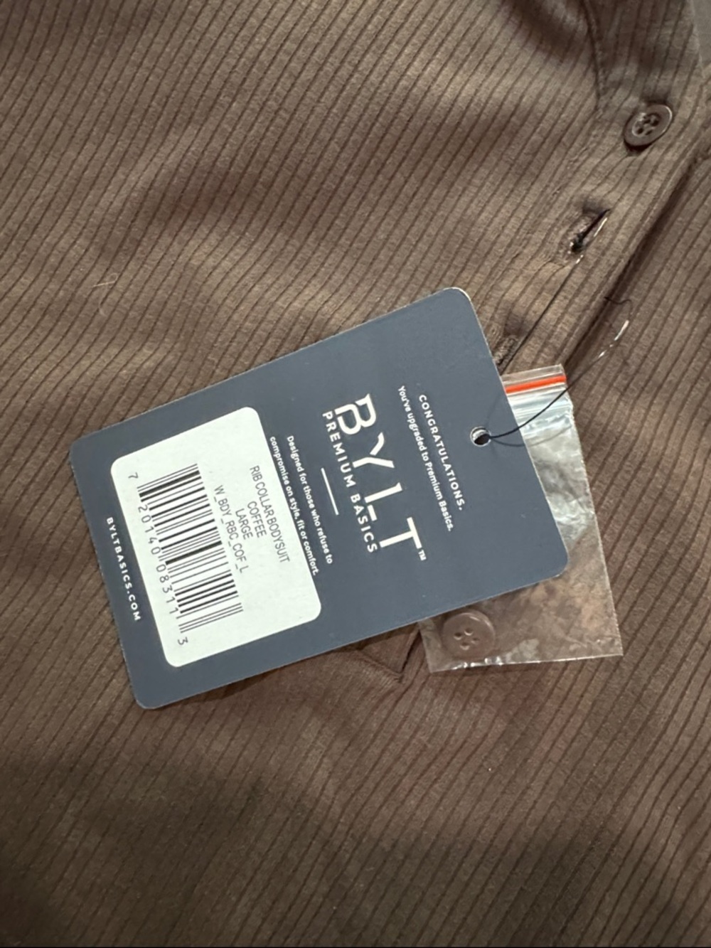 NWT  BYLT Ribbed Long Sleeve Bodysuit with Built-In Bra – brown L - Picture 7 of 8